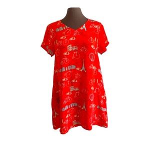 Benares Red Novelty Euro Print A-Line Dress Lightweight Loose Cool Sz Sm…